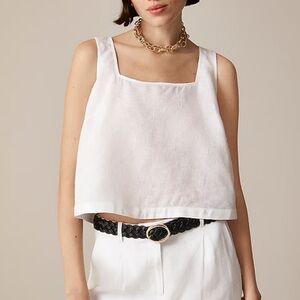 J. Crew White Linen Square Neck Back Button Top